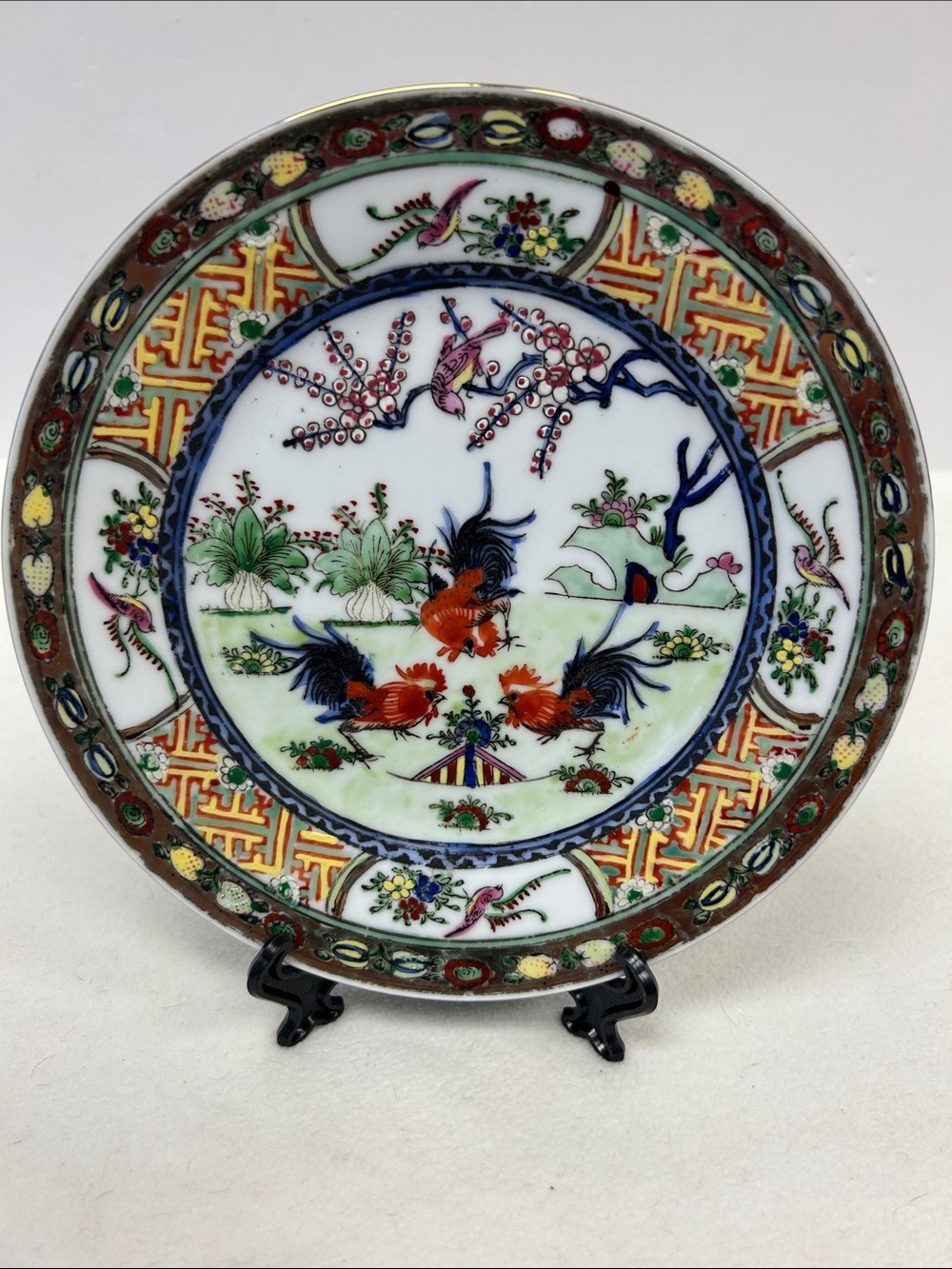 Vintage Chinese export porcelain 7” hand painted 3 Rooster plate